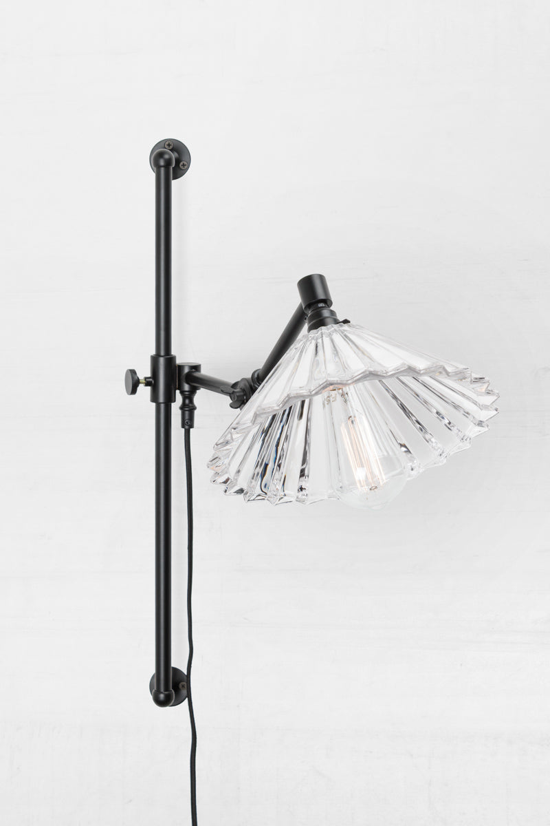 Clear glass pleated shade and black swing wall arm fixture, paired with a teardrop bulb. 