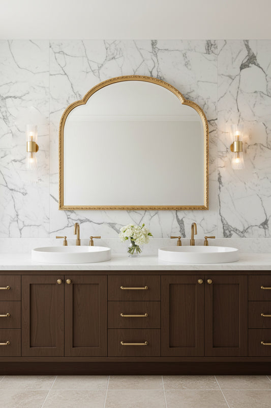 Two Mowbray Double Glass Wall Light's with gold/brass steel finish, in a marble and timber powderroom. 