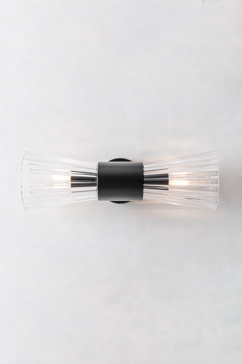 Horizontally installed Mowbray Double Glass Wall Light with black steel finish