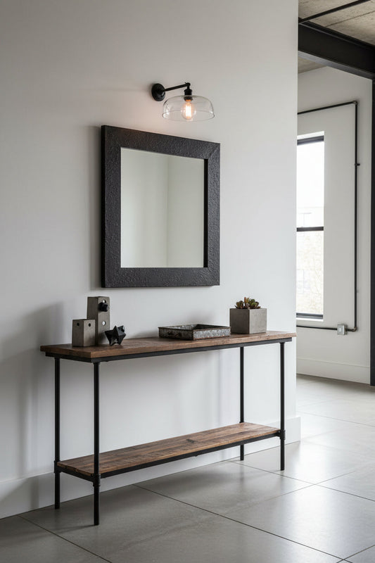 Black straight arm wall sconce over a mirror and entrance table of an industrial restaurant. 