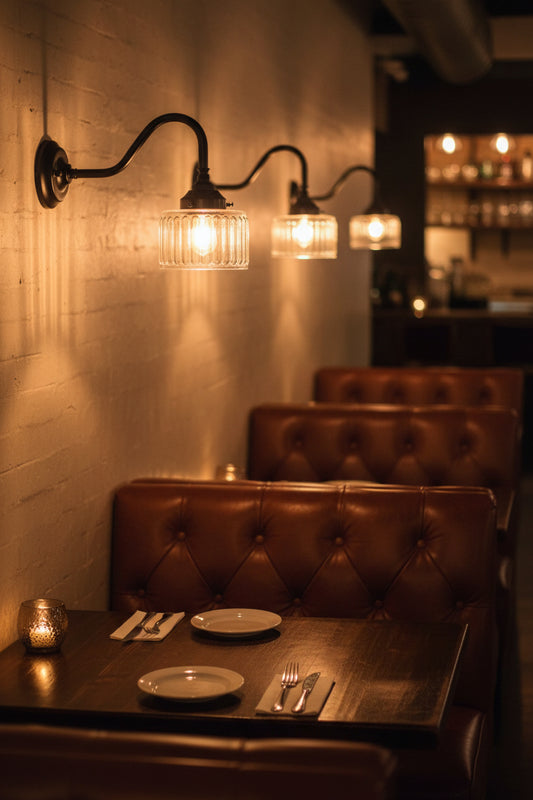 AI generated insituation shot of three black gooseneck wall lights with clear glass vintage shades in a restuarant with booth seating. 