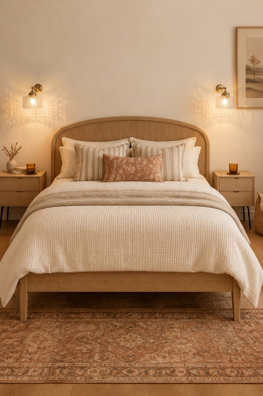 Pair of brass wall sconces with textured glass shades, glowing above timber bedside tables in a warm neutral bedroom