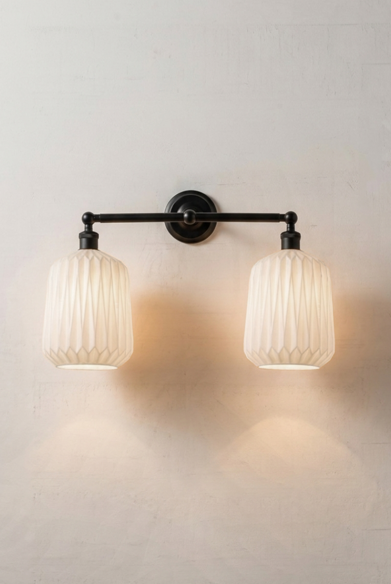 Arcadia Glass Double Wall Light in black with two Art Deco inspired opal geometric glass shades.