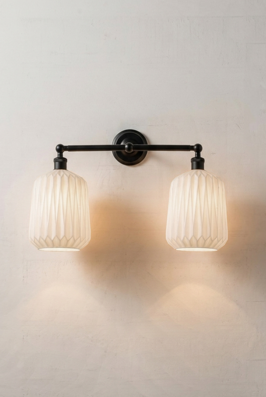 Arcadia Glass Double Wall Light in black with two Art Deco inspired opal geometric glass shades.