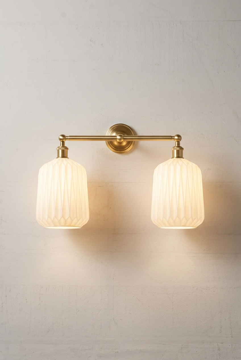 Arcadia Glass Double Wall Light in gold brass with two opal geometric glass shades.
