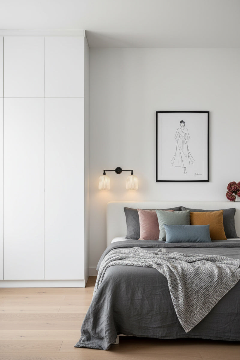 A modern bedroom interior and a black wall sconce with two opal shades with deco influence plus a  framed wall art above the bed.