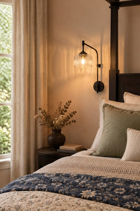 Black swing arm wall light with a ribbed clear glass shade, glowing beside a dark timber bed in a cosy bedroom