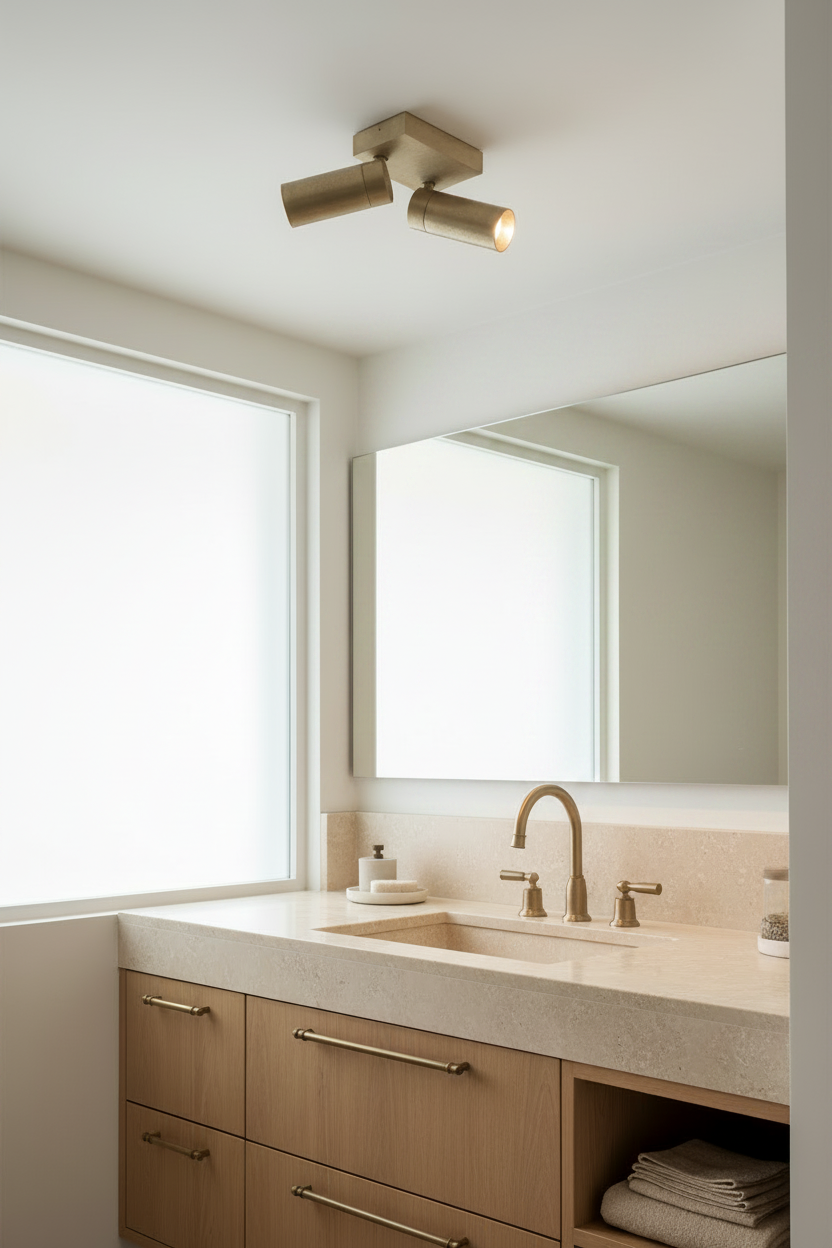 Modern bathroom with sink, cabinets, and a brass light.