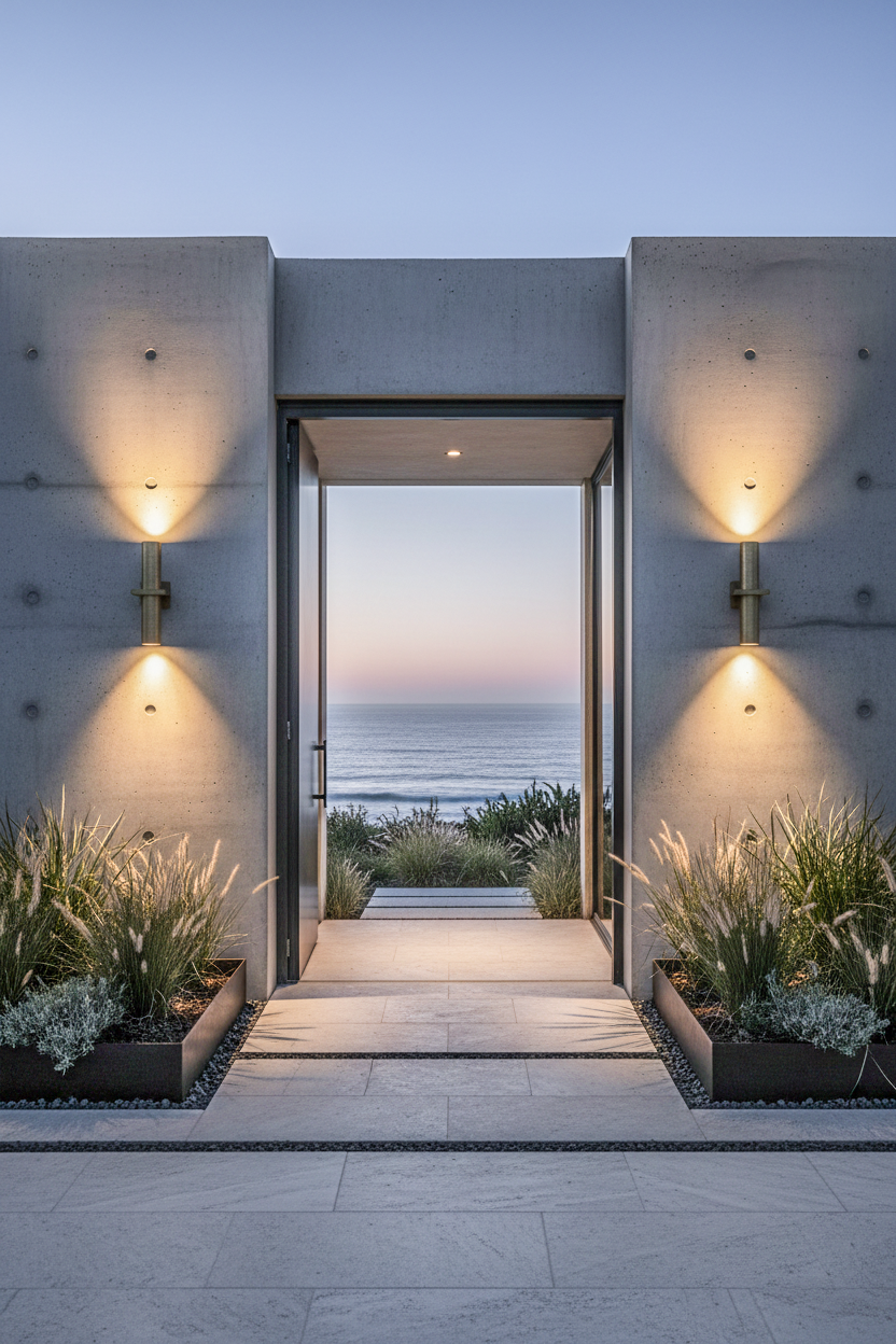Hamptons Brass Exterior Up Down Spotlight on a modern home entrance with open door leading to a scenic ocean view at dusk.