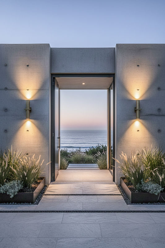 Hamptons Brass Exterior Up Down Spotlight on a modern home entrance with open door leading to a scenic ocean view at dusk.