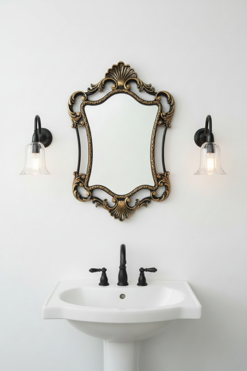 Two black gooseneck wall lights with clear bell shaped shades wither side of an antique mirror in a fresh powder .room