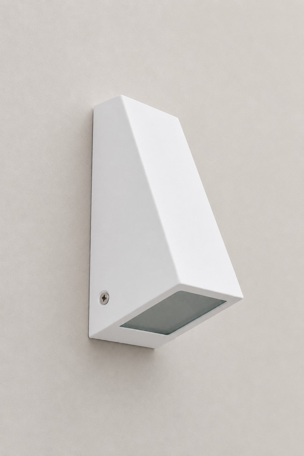Mills Exterior Wall Light in white finish with minimalist angular wedge design and recessed downward light diffuser