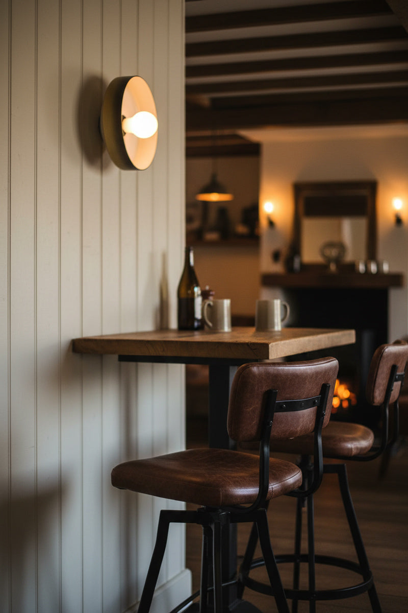 Wooden bar table with leather stools against a wall with a wall-mounted light fixture. Gambier Glass Wall Light in sage