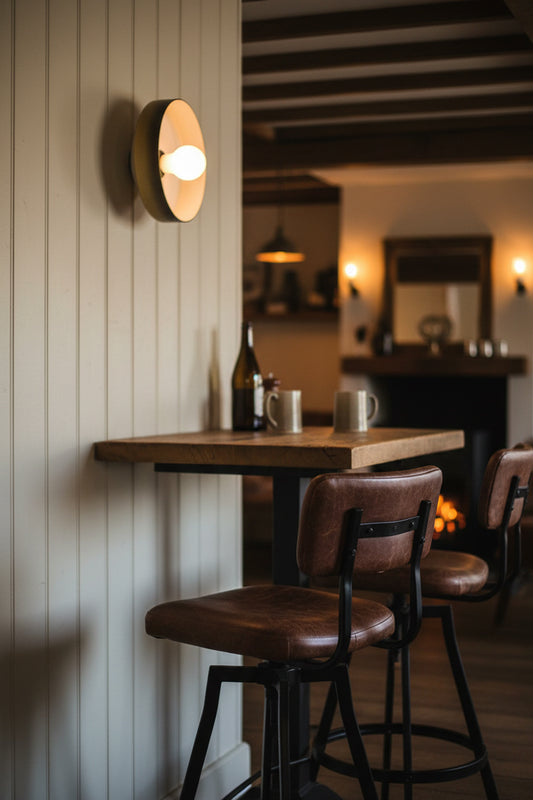 Wooden bar table with leather stools against a wall with a wall-mounted light fixture. Gambier Glass Wall Light in sage