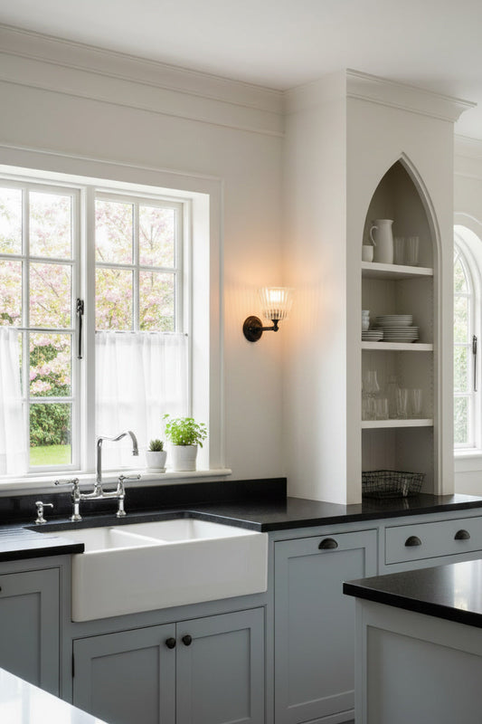 Davis glass wall light with black swivel arm in a farmhouse style kitchen