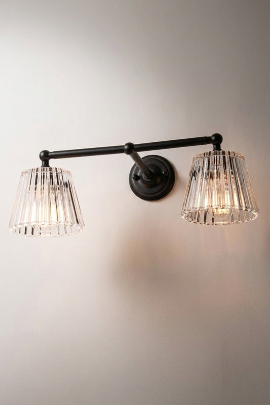 Black steel Davis Glass Double Swivel Arm Wall Light with two clear fluted glass shades