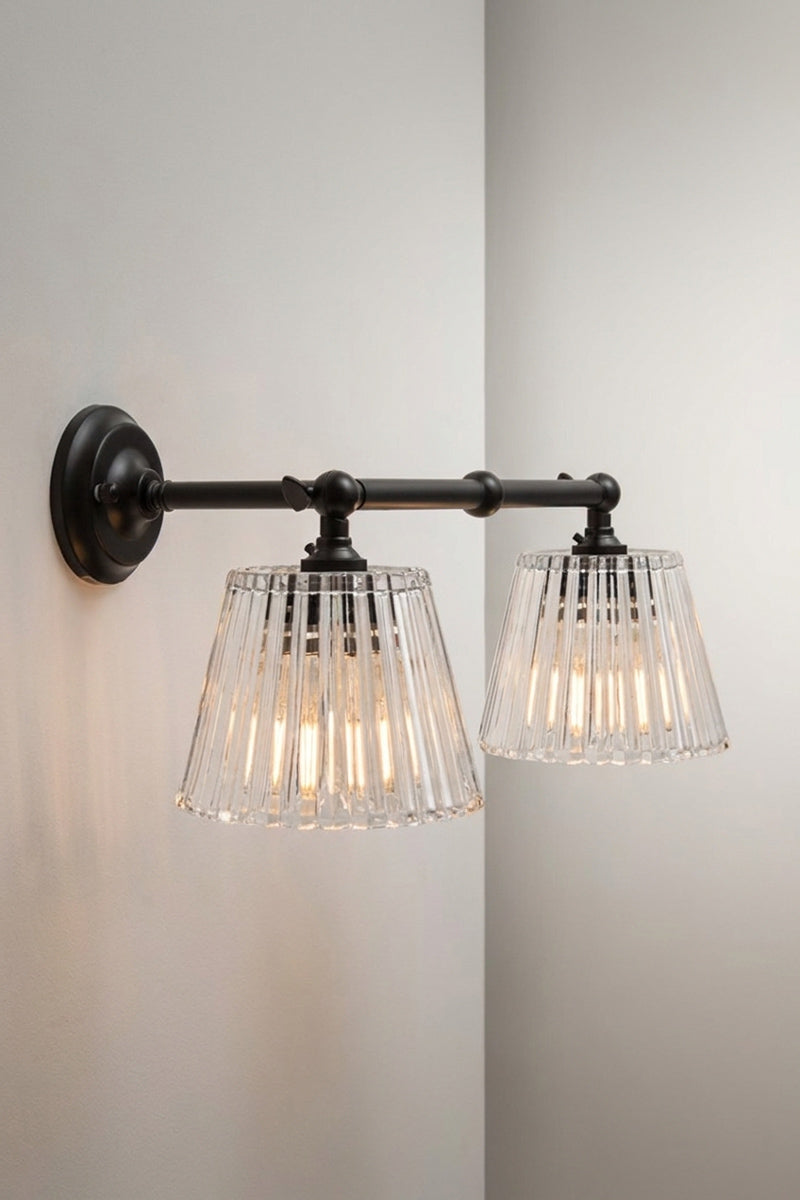 Black Davis Glass Double Swivel Arm Wall Light with two clear fluted glass shades