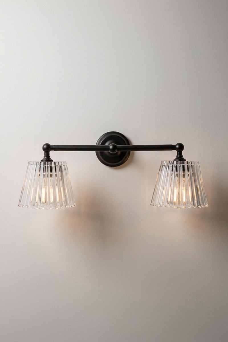 Black Davis Glass Double Swivel Arm Wall Light with two adjustable clear fluted glass shades