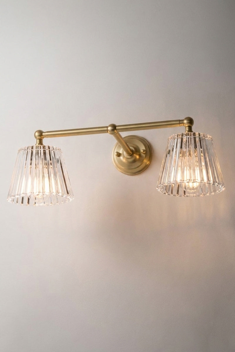 Gold/brass steel Davis Glass Double Swivel Arm Wall Light with two clear fluted glass shades