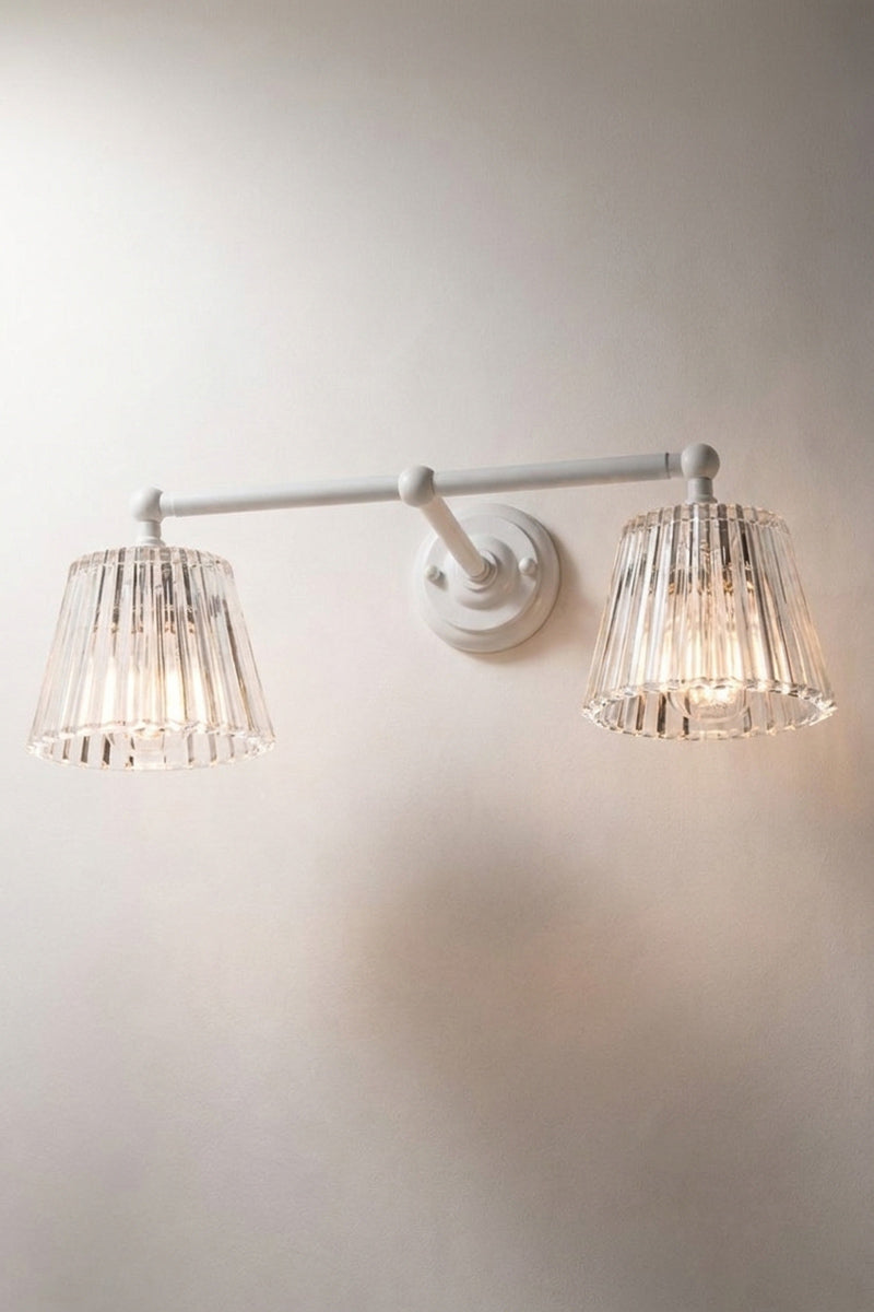 White steel Davis Glass Double Swivel Arm Wall Light with two clear fluted glass shades