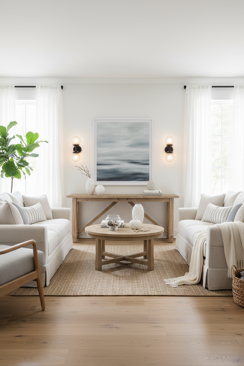 two decorative glass wall sconces flaking artwork in a hamptons sytle living room