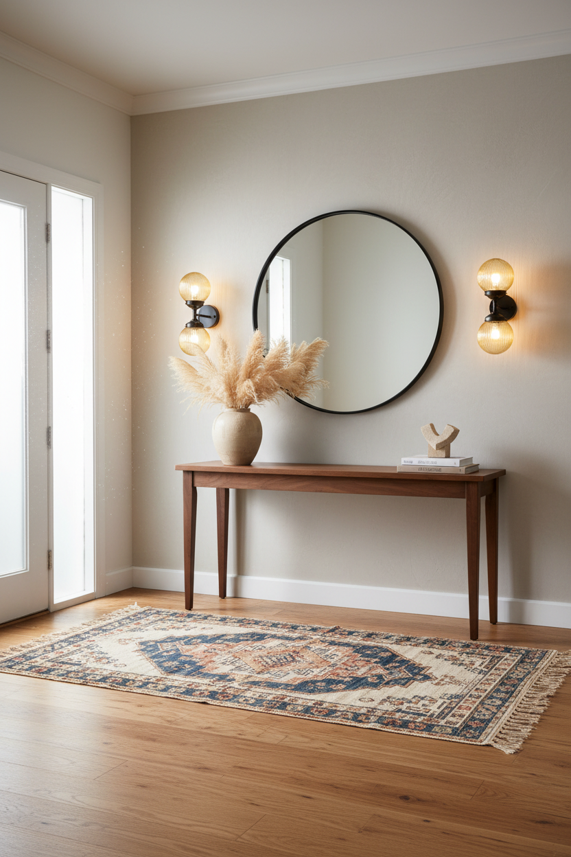 two Reeded Glass Double Light Wall Sconces next to a round mirror above a wooden console table in entrace hall
