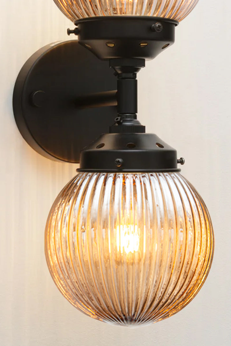 Close up of the Dakota Reeded Glass Double Light in black with dark amber shades.
