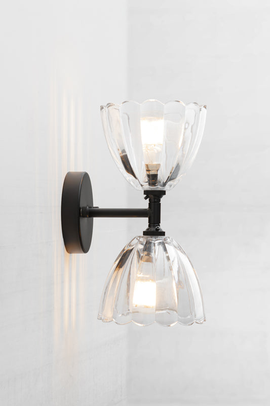 Double wall light in black with two clear glass shades. 