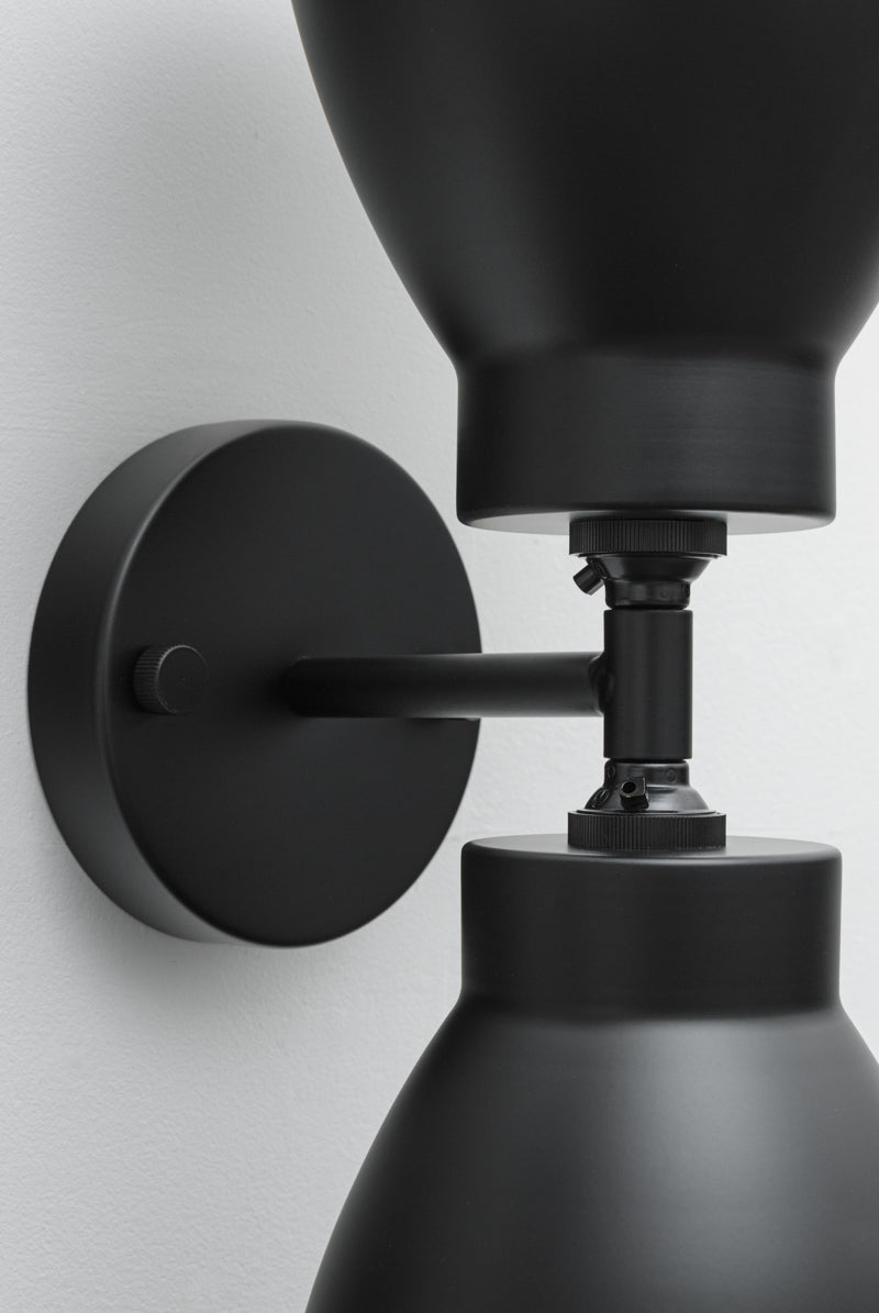 Close up of the black double wall sconce with two black metal shades. 