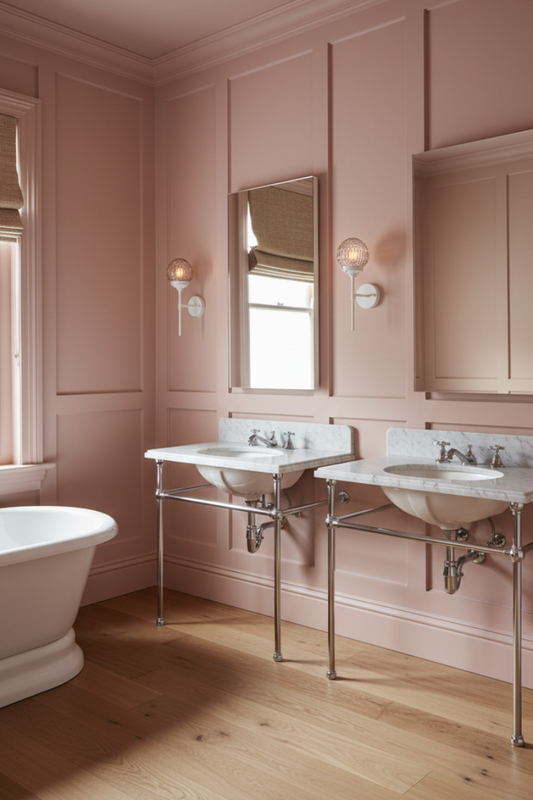 A styled bathroom interior with 3 stem lights in white with clear shades on a dusty pink paneled walls, two white marble wall-mounted sinks .
