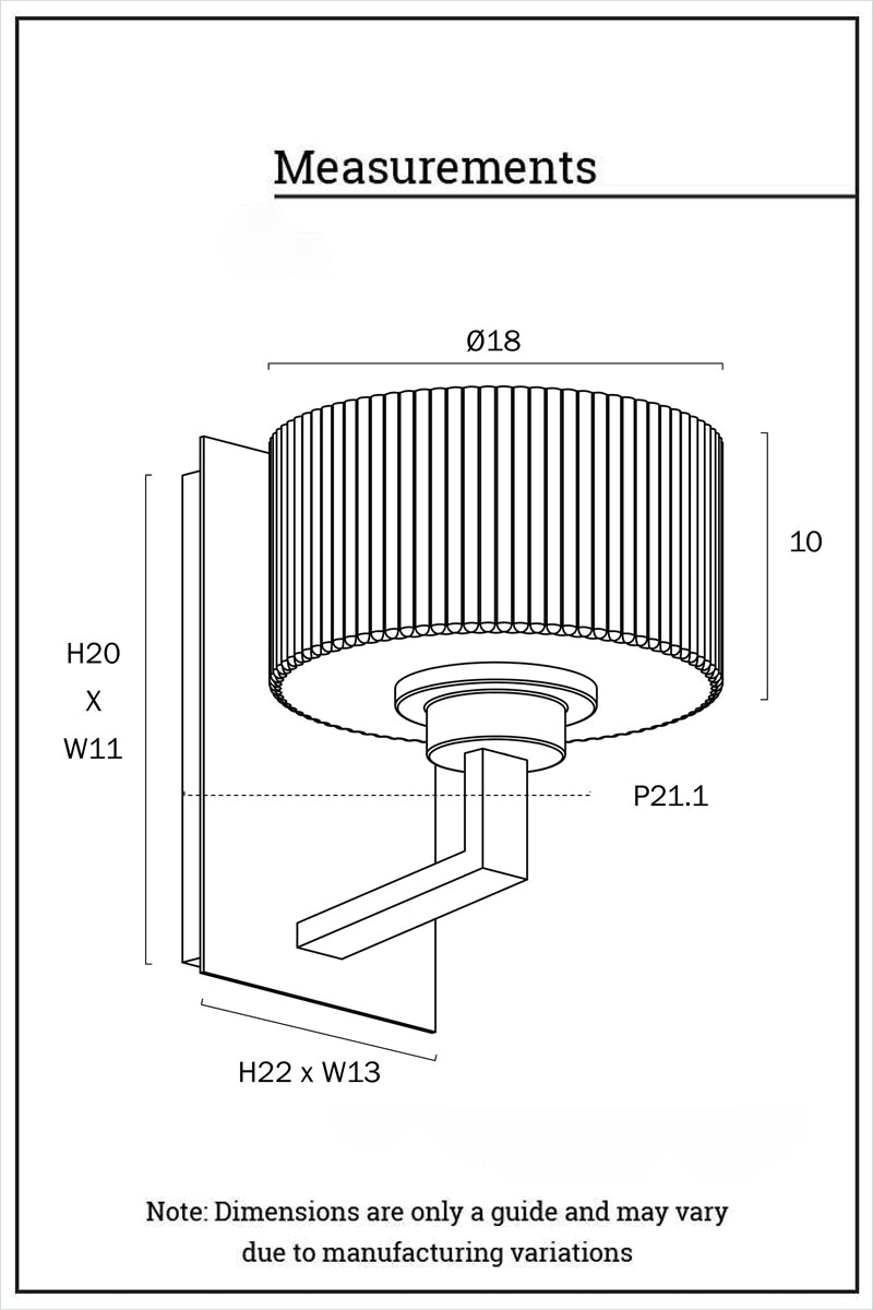 Dimension illustration of the wall sconce and reeded shade. 