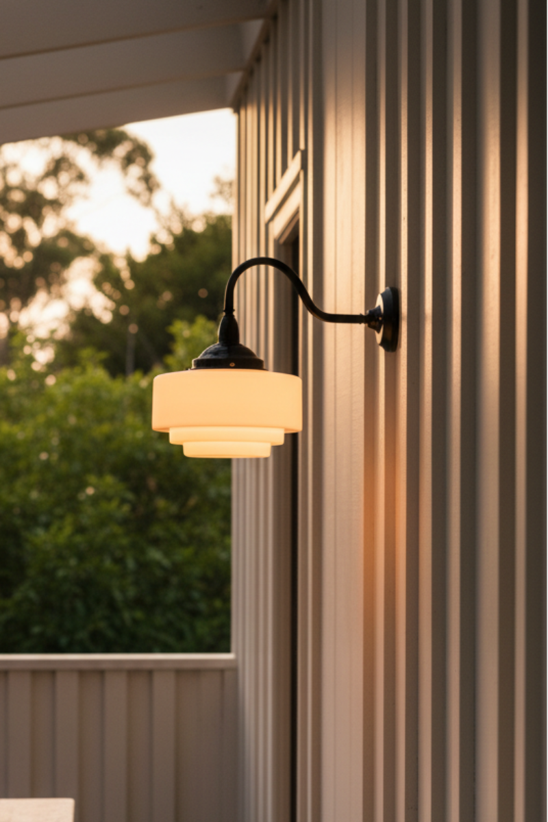 Outdoor dining dining area with gooseneck wall light on deck.
