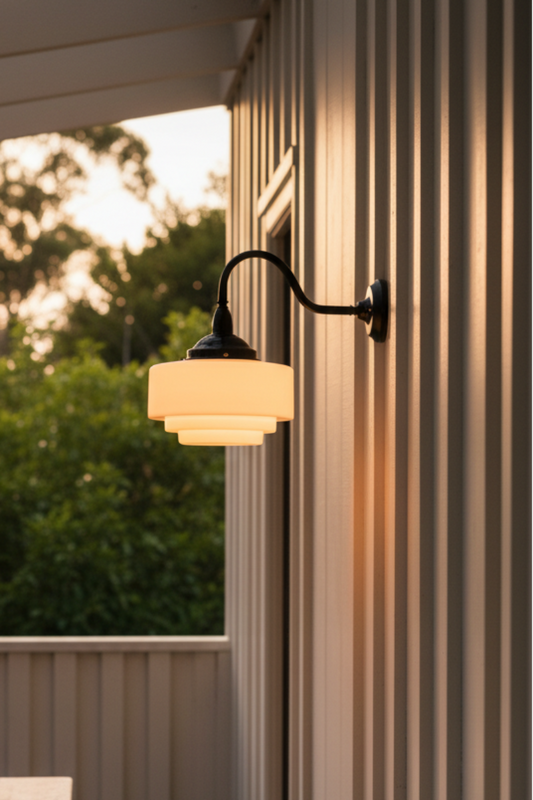 Outdoor dining dining area with gooseneck wall light on deck.