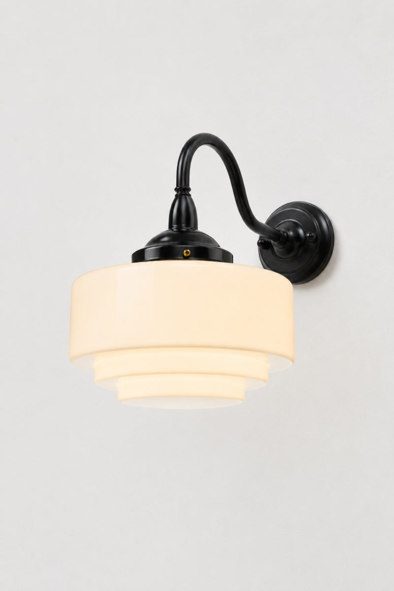 Outdoor wall light with black goosenck arm and glass shade in opal