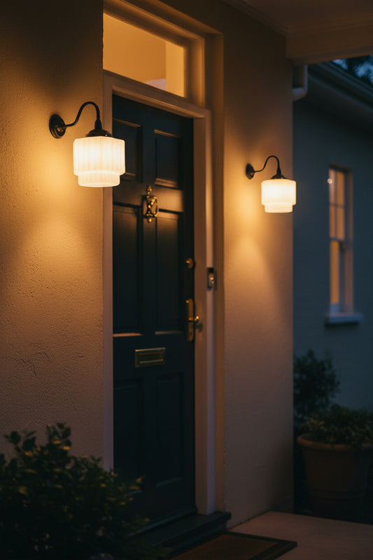 Front door of a house with illuminated wall lights on either side at night.