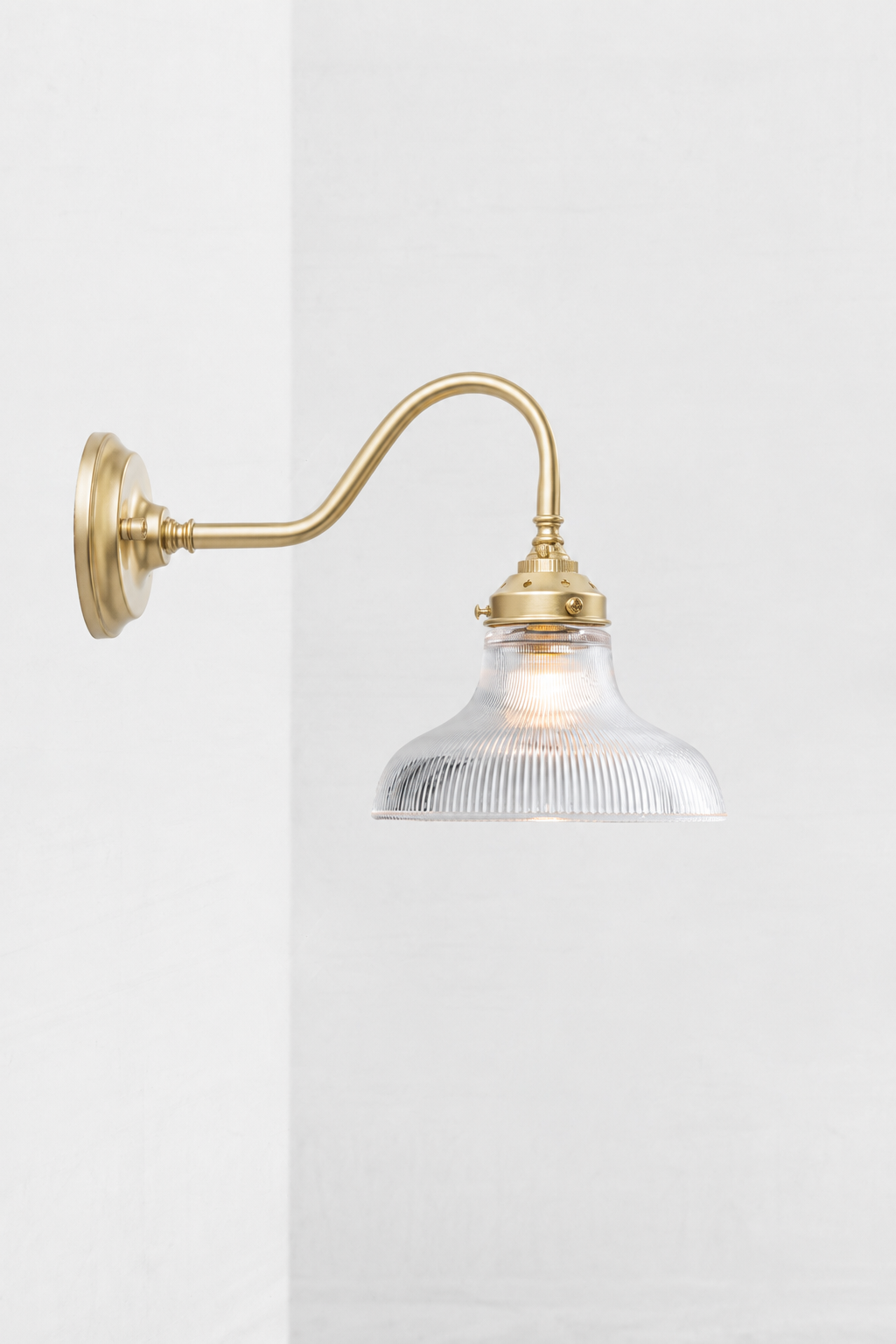 Small clear glass shade with holophane detailing, paired with a gold/brass gooseneck wall sconce. 
