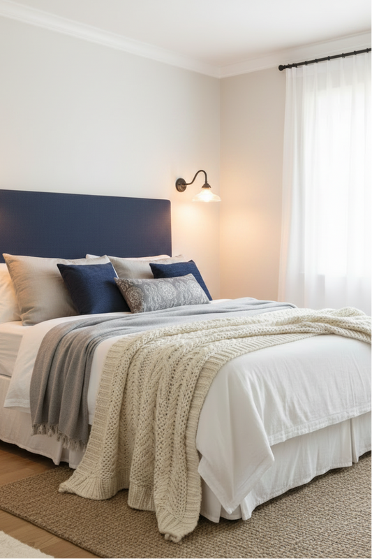 Cobram Glass wall light in bedroom contemporary style with navy blue tones
