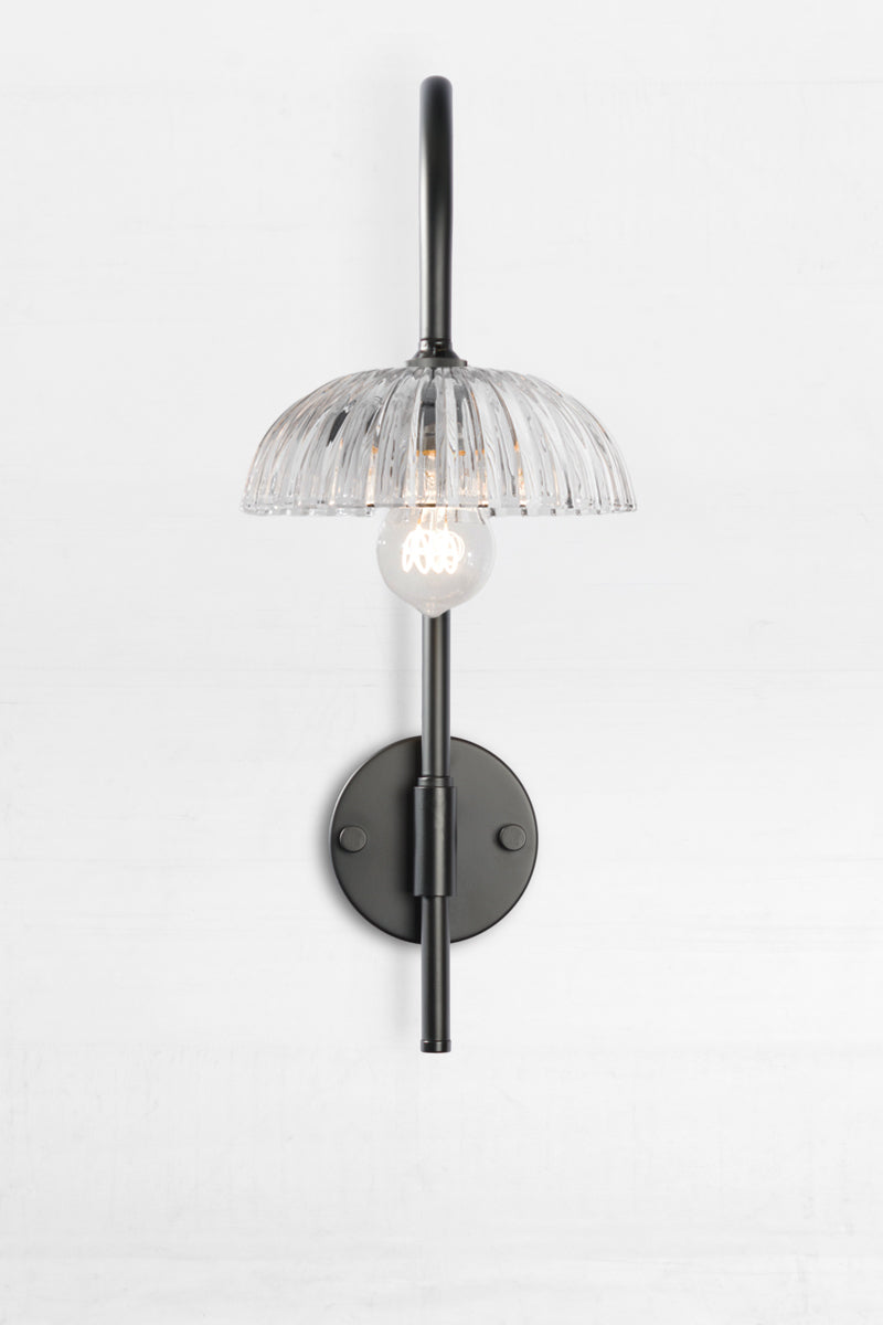 Front facing view of the black shepherds hook wall sconce paier with a fluted clear glass shade. 