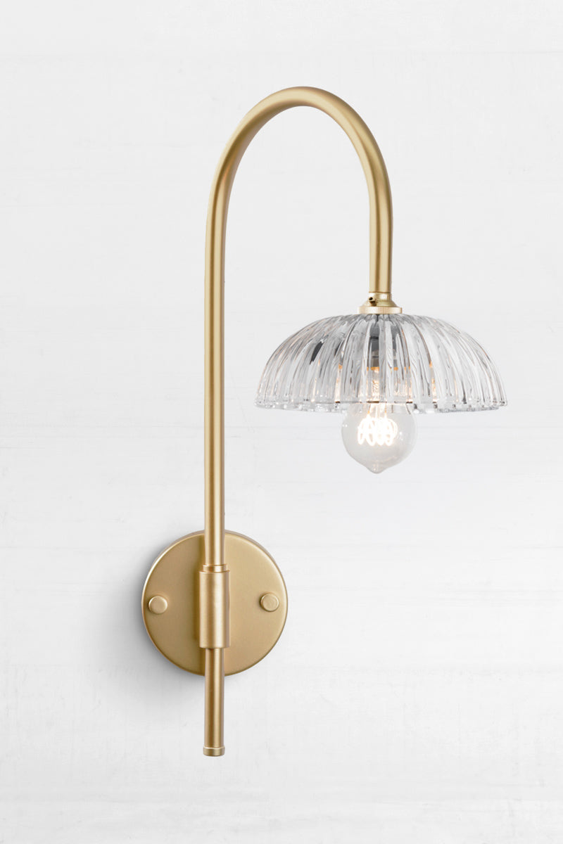 Gold/Brass shepherds hook wall sconce paier with a fluted clear glass shade. 
