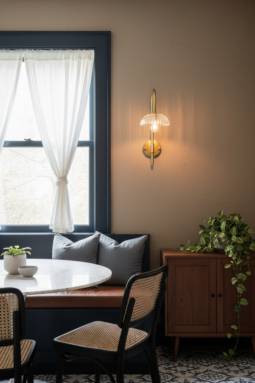 A Deloraine Shepherd Hook Swivel Arm Wall Light  in gold brass mounted on a beige wall in a cozy dining nook with a window, bench, and wooden cabinet.