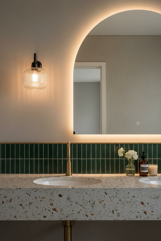 A modern bathroom vanity featuring a speckled stone countertop, a vertical green tile backsplash, a round mirror with warm LED lighting, and a Balmain clear ribbed glass wall sconce.