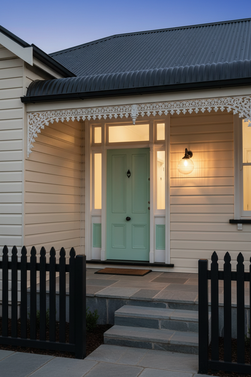 A front porch of a cottage-style house, mint green front door, and a lit wall gooseneck wall light 
