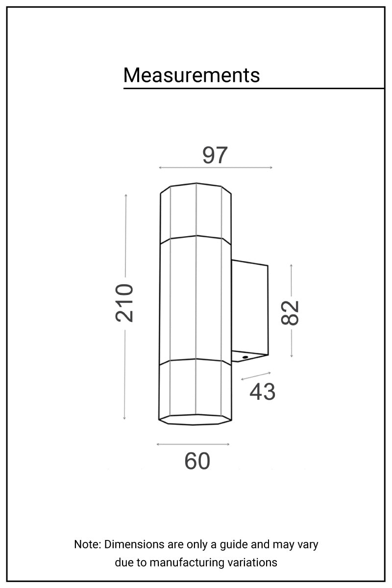 Cronulla up down exterior spotlight dimensions drawing, 210mm high, 97mm deep, 60mm wide