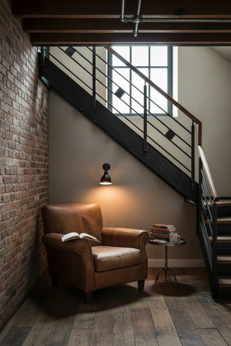 cozy reading nook under stairs with wall light