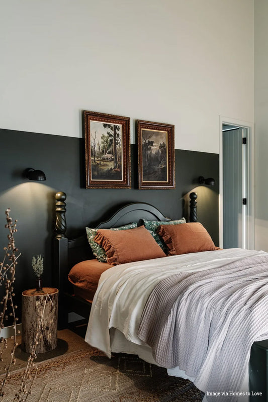 Black and Bright property, image via Homes to love. Two black wall sconce lights either side of a bedhead in a modern Australian bedroom. 