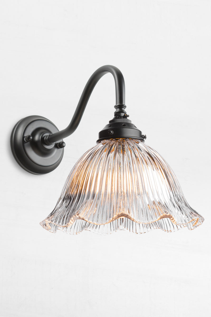 Black gooseneck arm with a clear reeded, frill edged shade. 