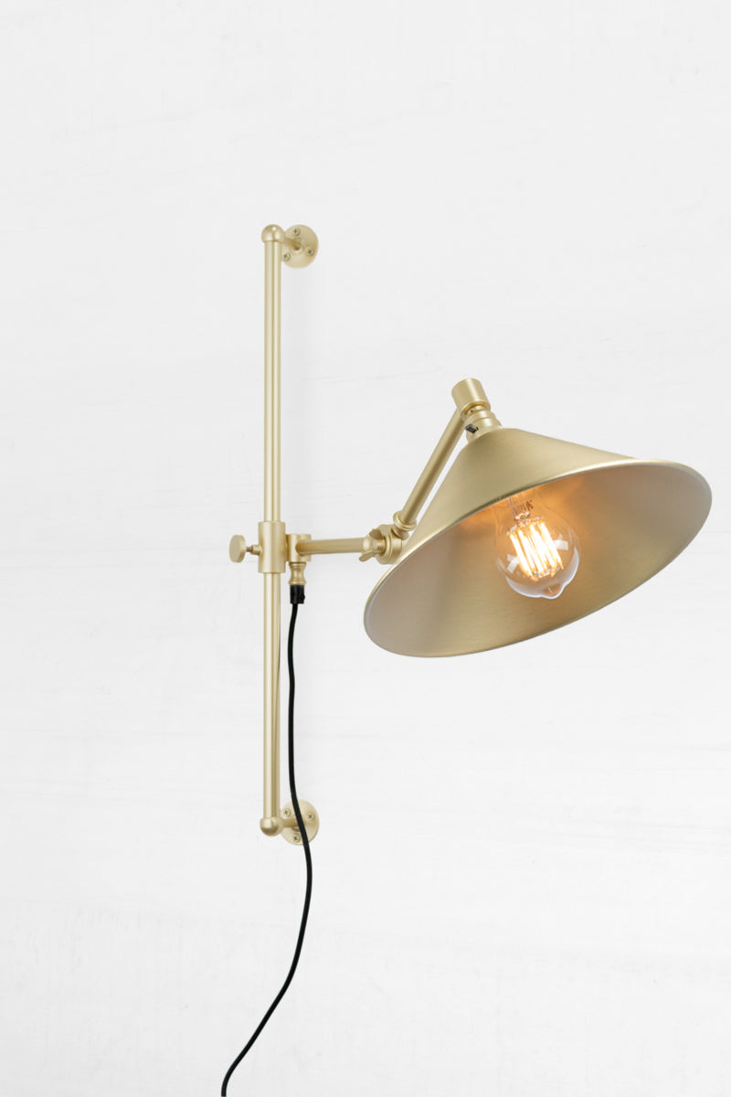 Large bright brass shade Swing Gold/Brass Arm with Wall Plug and clear tear drop bulb