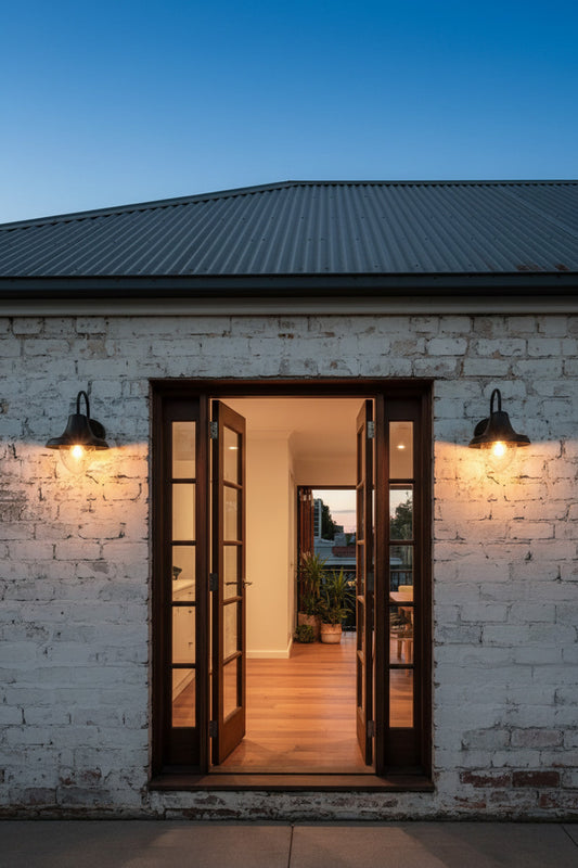 Open door of a house with white brick wall and Traditional black and clear glass outdoor wall light on either side of door