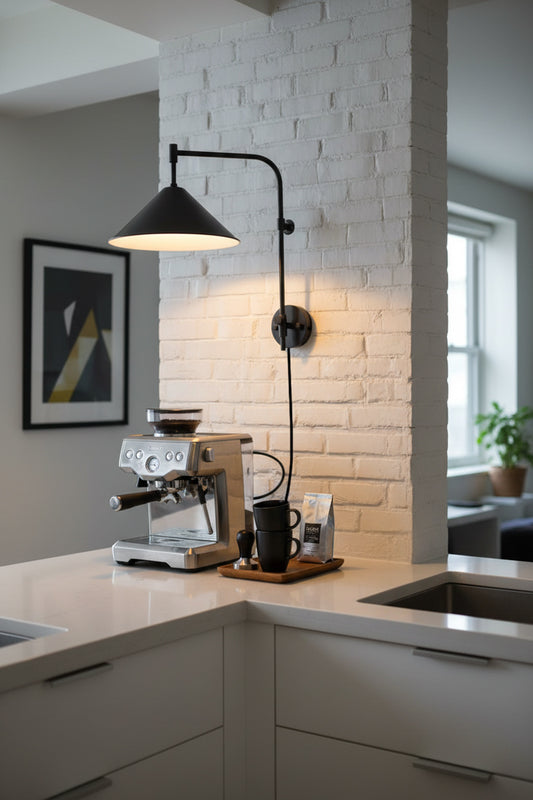 wall light over coffee machine in kitchen
