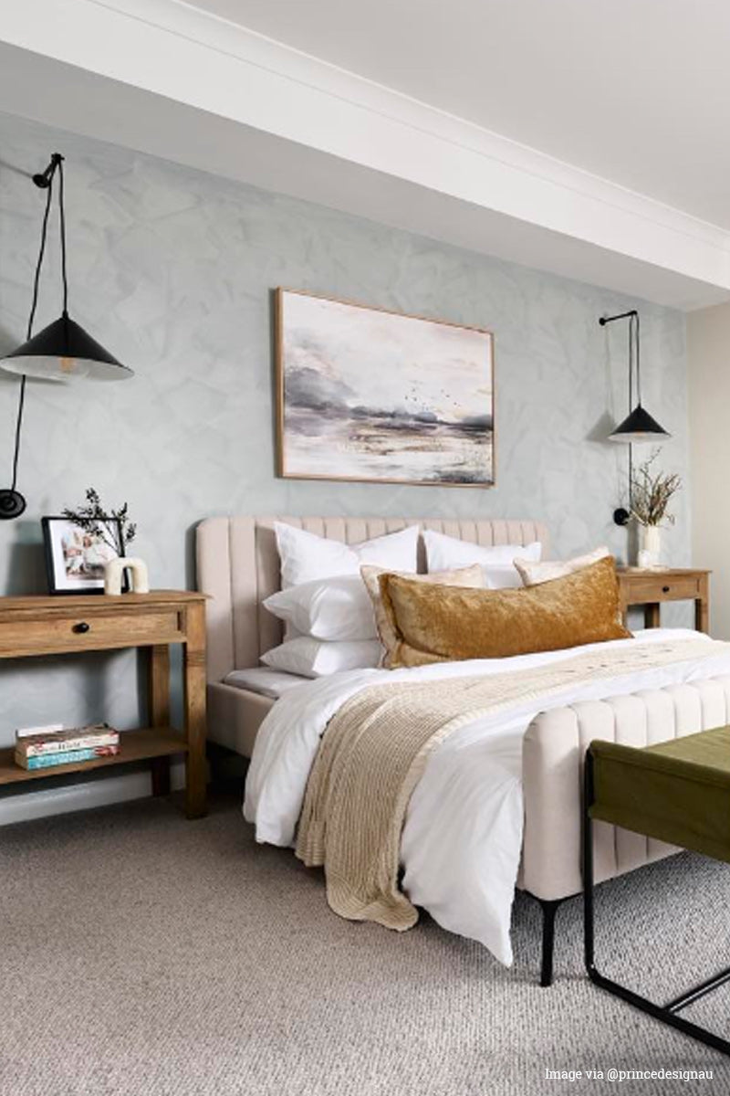 Image via @princedesignau: Two black cone pulley pendants as bedside lights. 
